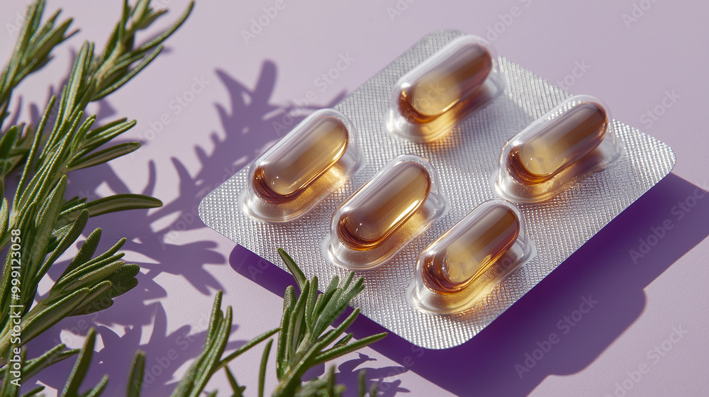 Herbal gusion: Rosemary sprigs and rupplement Capsules on a purple background Herbal gusion: Rosemary sprigs and rupplement Capsules on a purple background