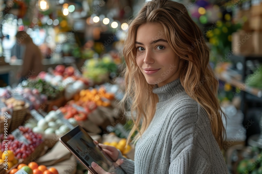 Student engaged in online shopping woman using tablet to purchase goods through application Student engaged in online shopping woman using tablet to purchase goods through application