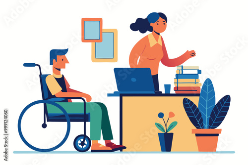 Person in wheelchair at workplace. Hiring disabled people. Inclusion concept. Flat vector illustration