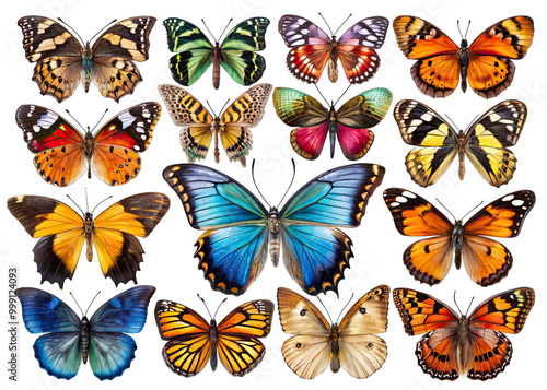 A diverse group of butterflies with intricate wing patterns are shown in various poses against a dark backdrop photo