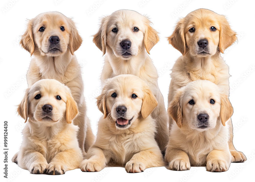 Six cute golden retriever puppies sit in a row, facing the camera with playful expressions. All are light gold with fluffy fur on a white background Six cute golden retriever puppies sit in a row, facing the camera with playful expressions. All are light gold with fluffy fur on a white background