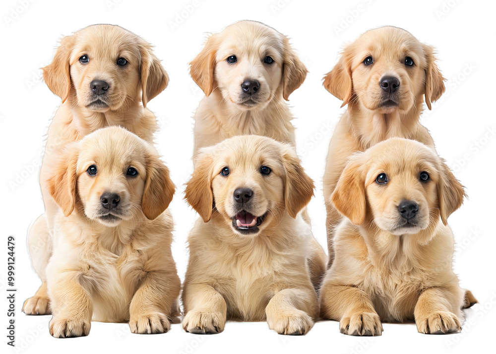 Six cute golden retriever puppies pose in a row, gazing at the camera with playful and curious expressions on a white background, highlighting their beauty Six cute golden retriever puppies pose in a row, gazing at the camera with playful and curious expressions on a white background, highlighting their beauty