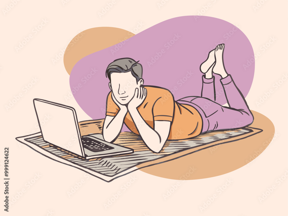 a flat vector illustration of a young man lying on his stomach on a carpet, watching a laptop a flat vector illustration of a young man lying on his stomach on a carpet, watching a laptop