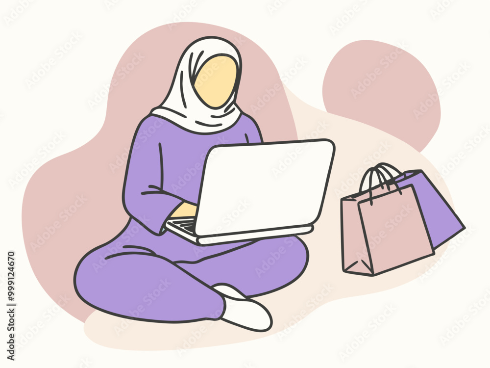A flat illustration of a hijabi woman sitting comfortably. In front of her is a laptop screen, and she is engaged in online shopping. A flat illustration of a hijabi woman sitting comfortably. In front of her is a laptop screen, and she is engaged in online shopping.