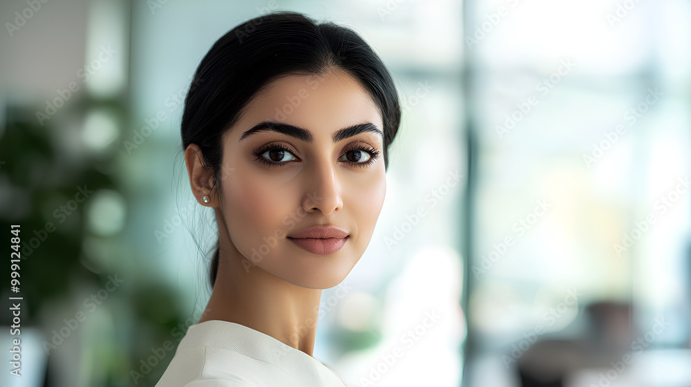 Fototapeta premium Woman with dark hair and brown eyes is standing in front of a window