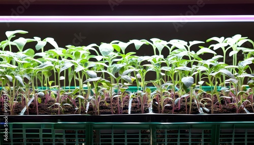 Vibrant close-up of young tomato plant leaves illuminated by multicolored ultraviolet phytolamp photo