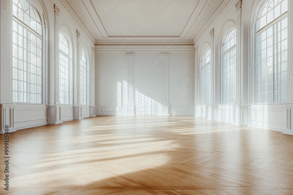 Empty white room with large windows. Perfect for showcasing furniture, decor, or other products. Empty white room with large windows. Perfect for showcasing furniture, decor, or other products.