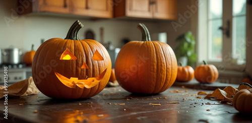 A symbolic traditional autumn vegetable, fruit or berry - a large orange carved Halloween pumpkin smiling on a table against a kitchen background. Close-up, side view