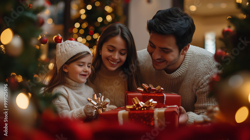 Happy Family Unwrapping Christmas Gifts by the Tree