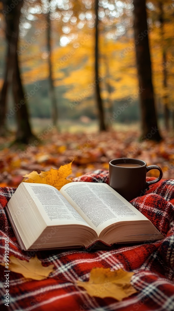 Cozy Book and Coffee on Plaid Blanket in an Autumn Forest