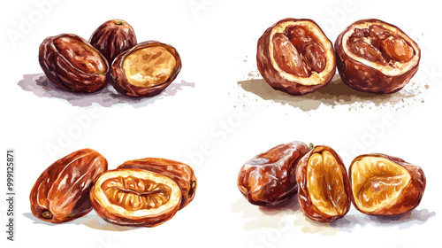 Four different types of dried fruit are shown in a watercolor painting. The fruits are almonds, cashews, and pistachios. The painting has a warm, inviting mood