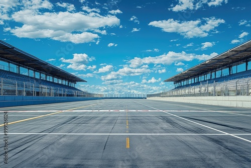 Empty race track with blue sky. Perfect for designs about speed, racing, and competition.