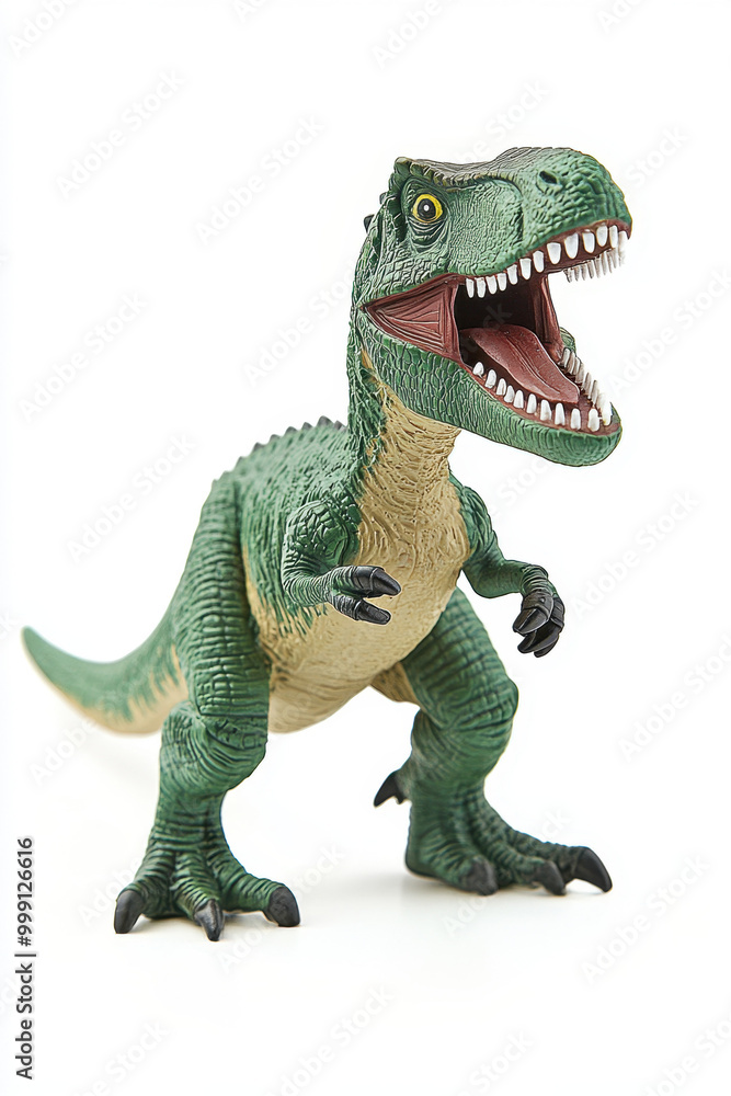 Obraz premium A green plastic dinosaur toy with an open mouth and sharp teeth, posed against a white background.