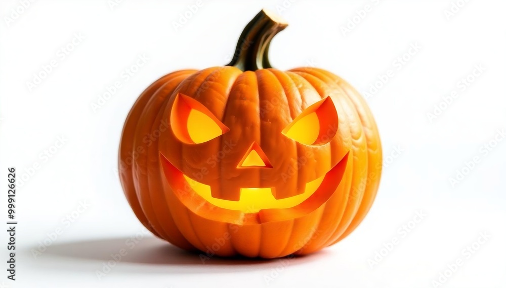  Jack O Lantern halloween pumpkin smiling expression on white background, halloween concept, spooky night, festives season, Spooky Halloween pumpkin, banner, poster template created with generative ai