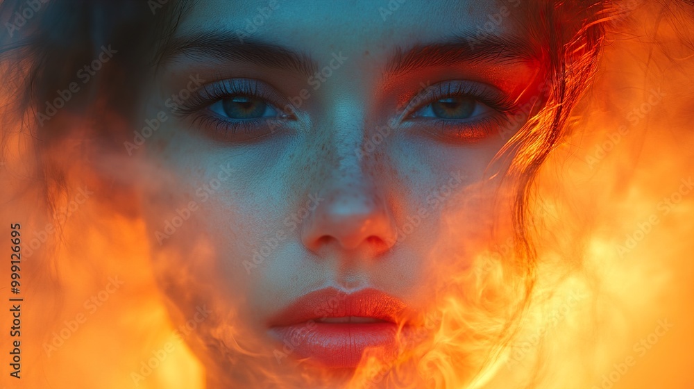 Intense Portrait of a Woman with Fire and Smoke Intense Portrait of a Woman with Fire and Smoke