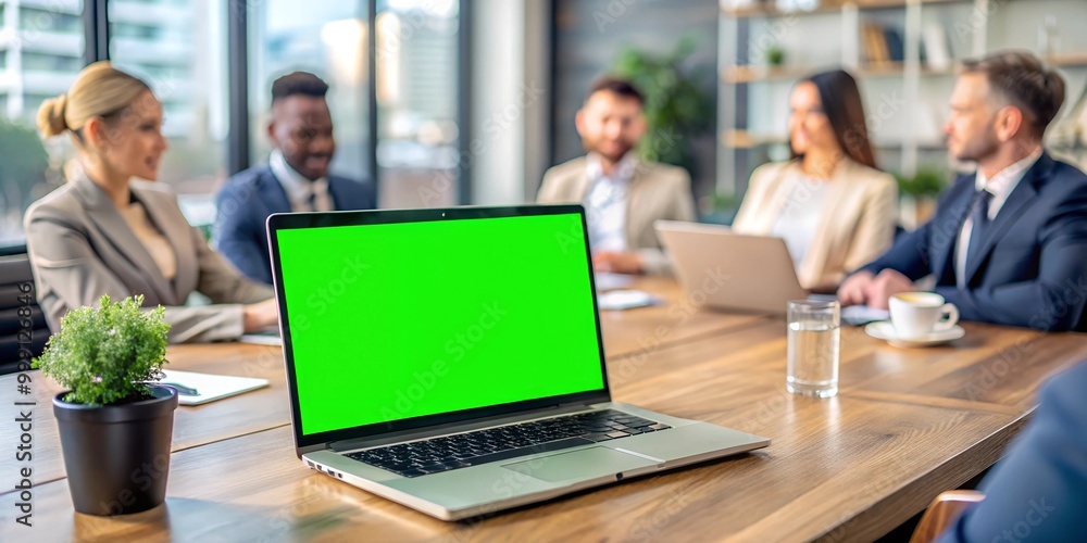 Laptop display with green screen background on an office desk while