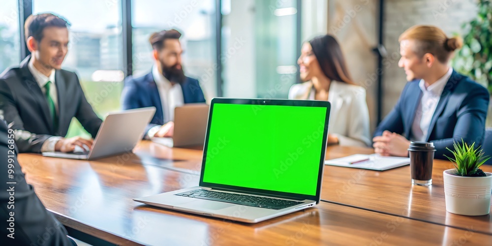 Laptop display with green screen background on an office desk while people attend a business meeting. Isolated mockup template with blank chroma key and free space on computer monitor. Closeup. Laptop display with green screen background on an office desk while people attend a business meeting. Isolated mockup template with blank chroma key and free space on computer monitor. Closeup.