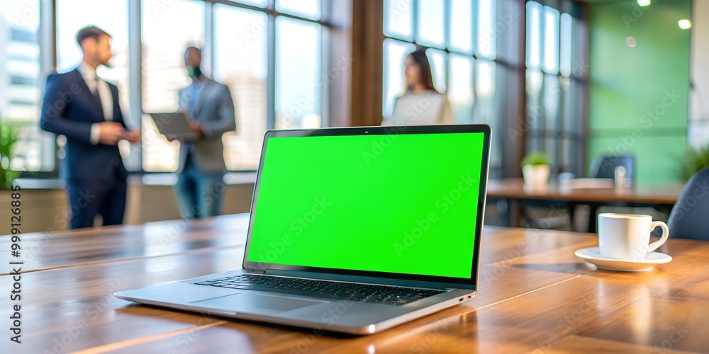 Laptop display with green screen background on an office desk while