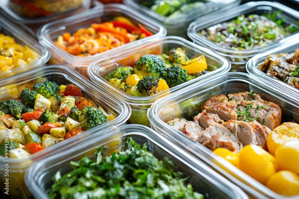 Glass containers filled with nutritious meal prep items featuring colorful vegetables and tender meat for healthy eating Glass containers filled with nutritious meal prep items featuring colorful vegetables and tender meat for healthy eating