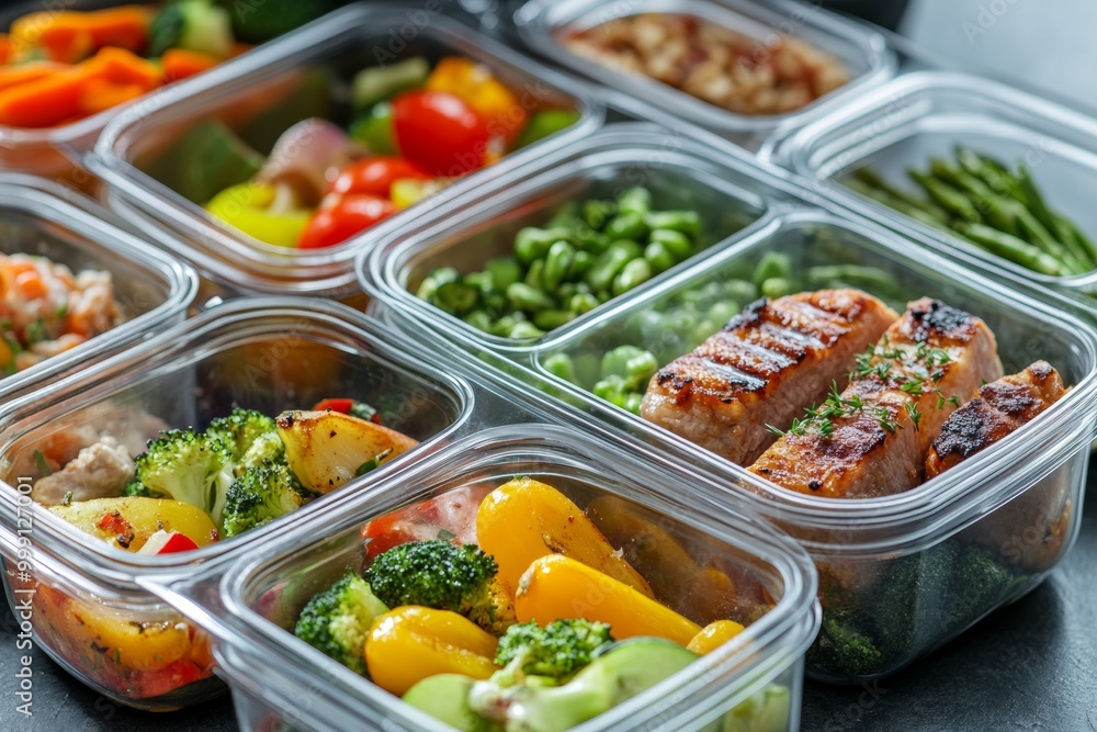 Colorful meal prep containers filled with nutritious vegetables and meats arranged on a kitchen countertop Colorful meal prep containers filled with nutritious vegetables and meats arranged on a kitchen countertop
