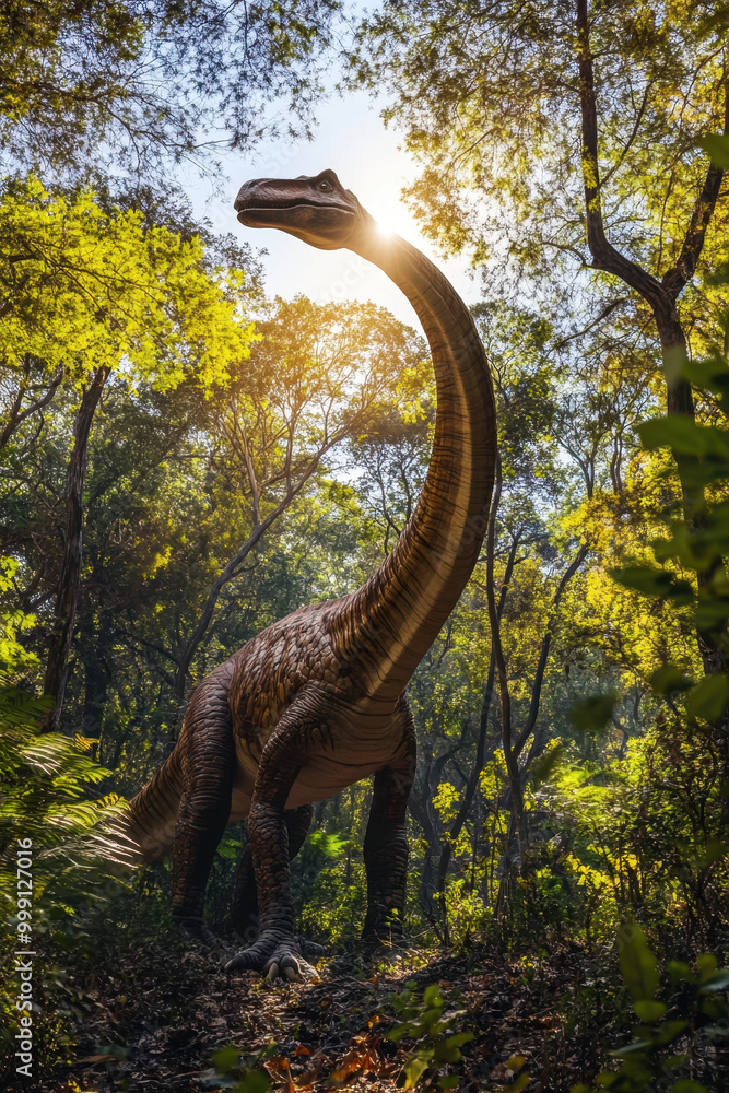 Fototapeta premium A lifelike dinosaur model in a dense, sunlit forest, illustrating a prehistoric scene.