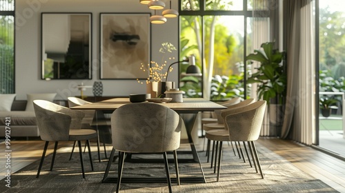 Modern Dining Room with Grey Chairs and Wooden Table