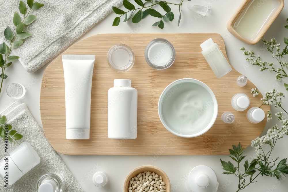Korean skincare routine essentials featuring foam, toner, essence, and more on a wooden surface surrounded by natural elements Korean skincare routine essentials featuring foam, toner, essence, and more on a wooden surface surrounded by natural elements