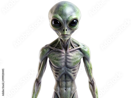 A digital illustration depicting a green alien with large black eyes, standing against a white background