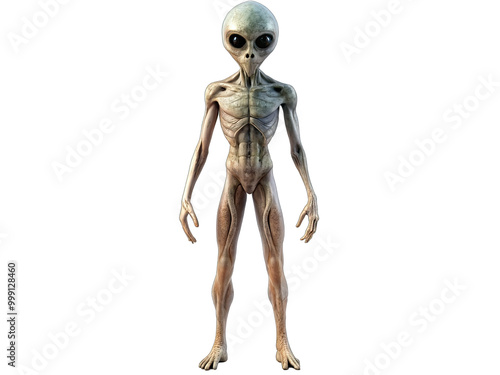 A digital illustration of a grey alien standing against a white background. The alien is depicted with a thin build, large eyes, and smooth, grey skin