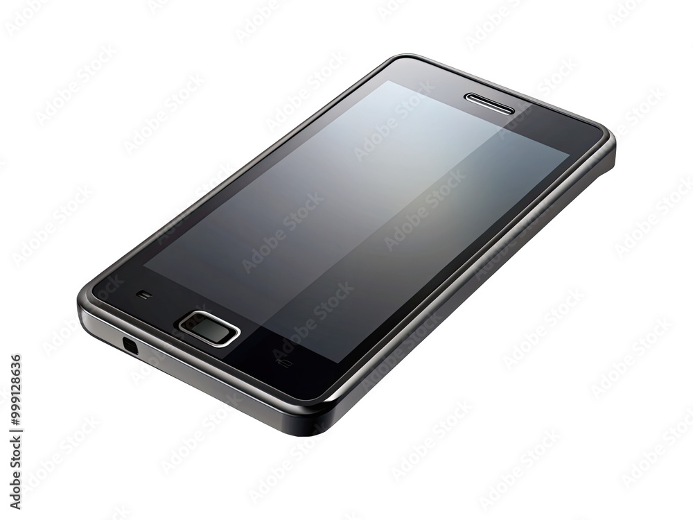 A black smartphone with a blank screen is shown isolated on a white background A black smartphone with a blank screen is shown isolated on a white background