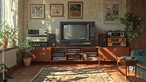A retro living room features a vintage TV and stereo, brought to life with potted plants.