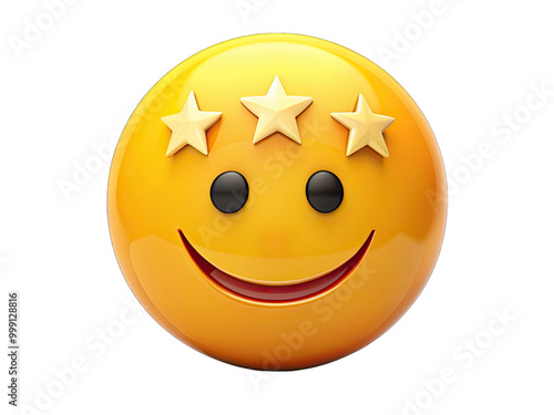 A yellow smiley emoji with three gold stars on top of it, representing customer satisfaction