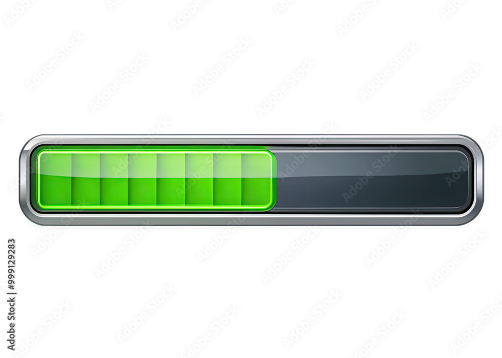 A loading bar is depicted, with a green fill indicating partial progress. The bar has a chrome border and a black background A loading bar is depicted, with a green fill indicating partial progress. The bar has a chrome border and a black background
