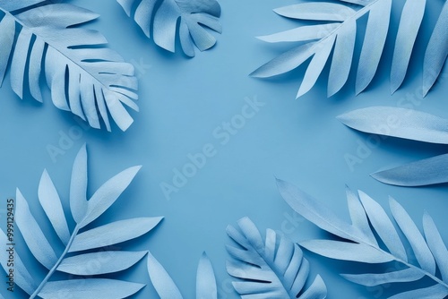 Elegant blue background with tropical leaves creating a modern design for social media and digital marketing. Perfect for banners, cover photos, or presentations on Instagram and YouTube.