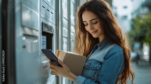 Woman using an outdoor automated parcel machine for easy self-service package collection photo