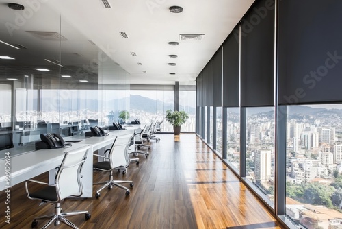 Modern office interior with city view and natural light.