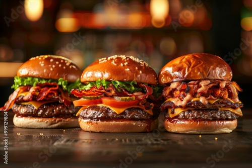 Three hamburgers with bacon, cheese and lettuce on a table. AI.