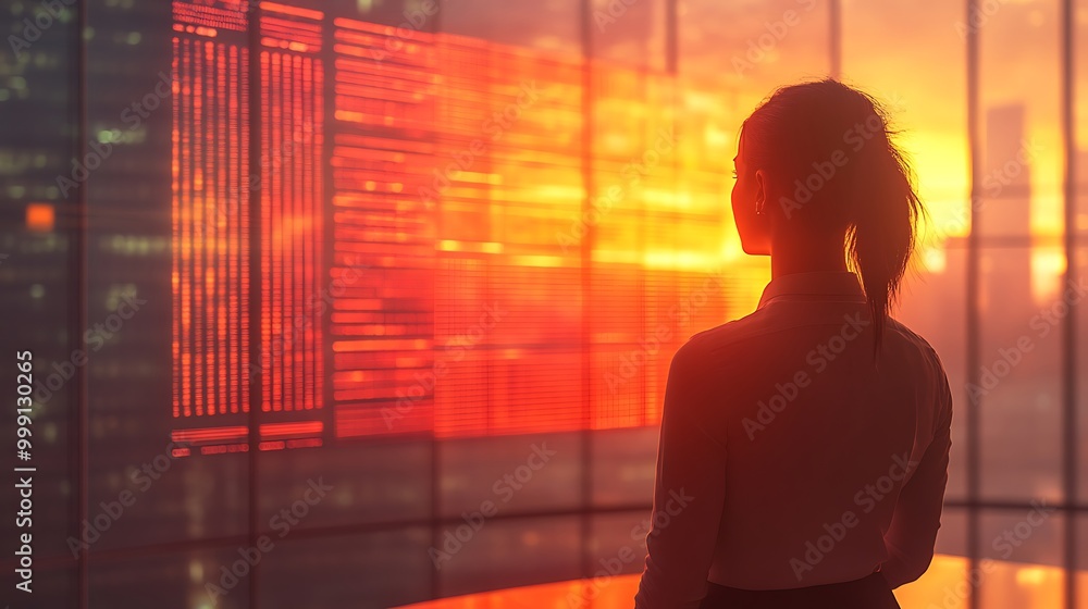 A businesswoman stands at a window, watching the sunset paint the sky outside her modern office. A businesswoman stands at a window, watching the sunset paint the sky outside her modern office.
