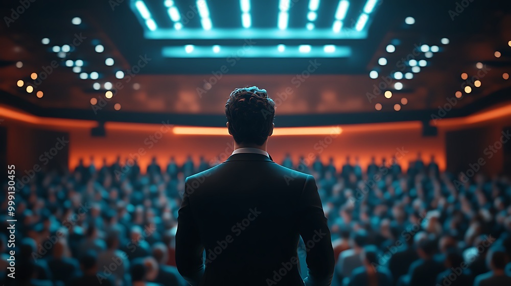 A speaker addresses an attentive audience at a conference, their words echoing through the hall. A speaker addresses an attentive audience at a conference, their words echoing through the hall.