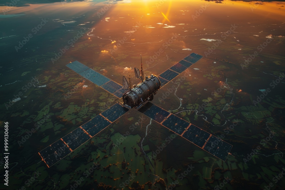 Naklejka premium Geodetic satellite capturing earth s topography for mapping and cadastral applications