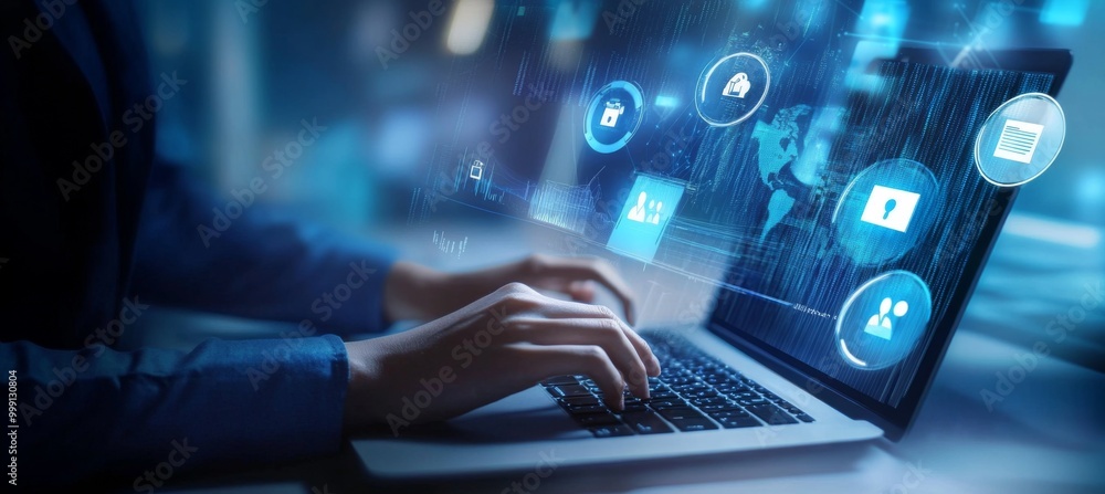Person using a laptop to process data and digital documents in an office, with floating icons symbolizing technology integration into business streams, set against a blue-toned futuristic background. Person using a laptop to process data and digital documents in an office, with floating icons symbolizing technology integration into business streams, set against a blue-toned futuristic background.