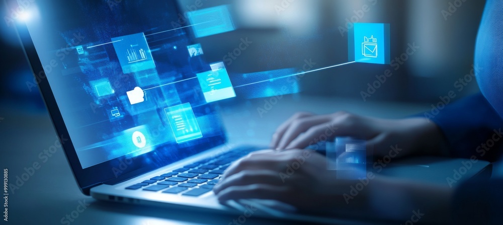 Person using a laptop to process data and digital documents in an office, with floating icons symbolizing technology integration into business streams, set against a blue-toned futuristic background.