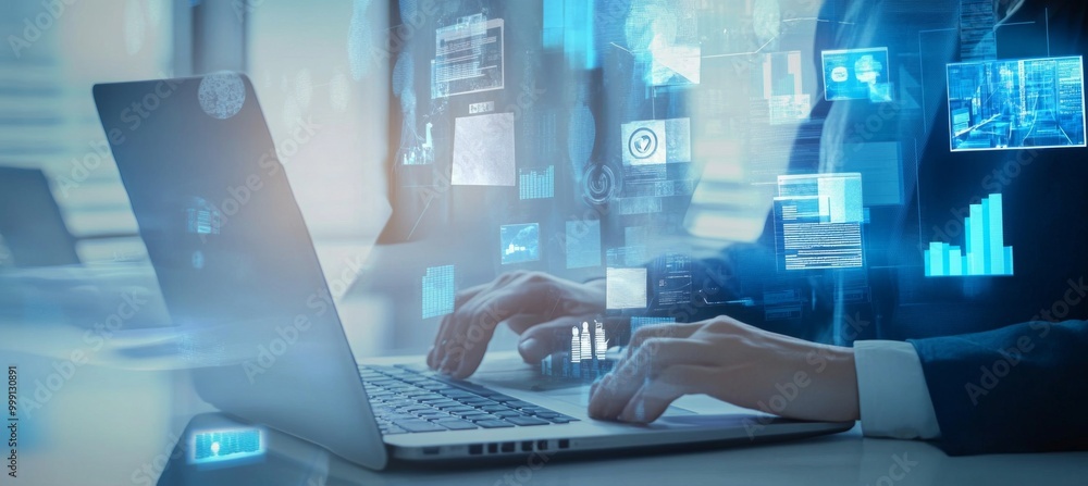 Person using a laptop to process data and digital documents in an office, with floating icons symbolizing technology integration into business streams, set against a blue-toned futuristic background. Person using a laptop to process data and digital documents in an office, with floating icons symbolizing technology integration into business streams, set against a blue-toned futuristic background.
