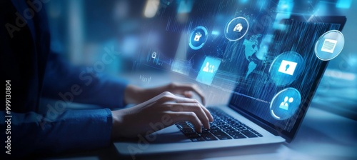 Person using a laptop to process data and digital documents in an office, with floating icons symbolizing technology integration into business streams, set against a blue-toned futuristic background.