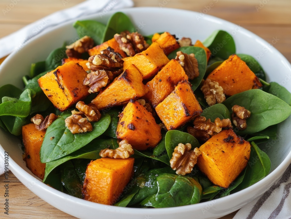 Healthy winter salad featuring roasted pumpkin and spinach with walnuts Healthy winter salad featuring roasted pumpkin and spinach with walnuts