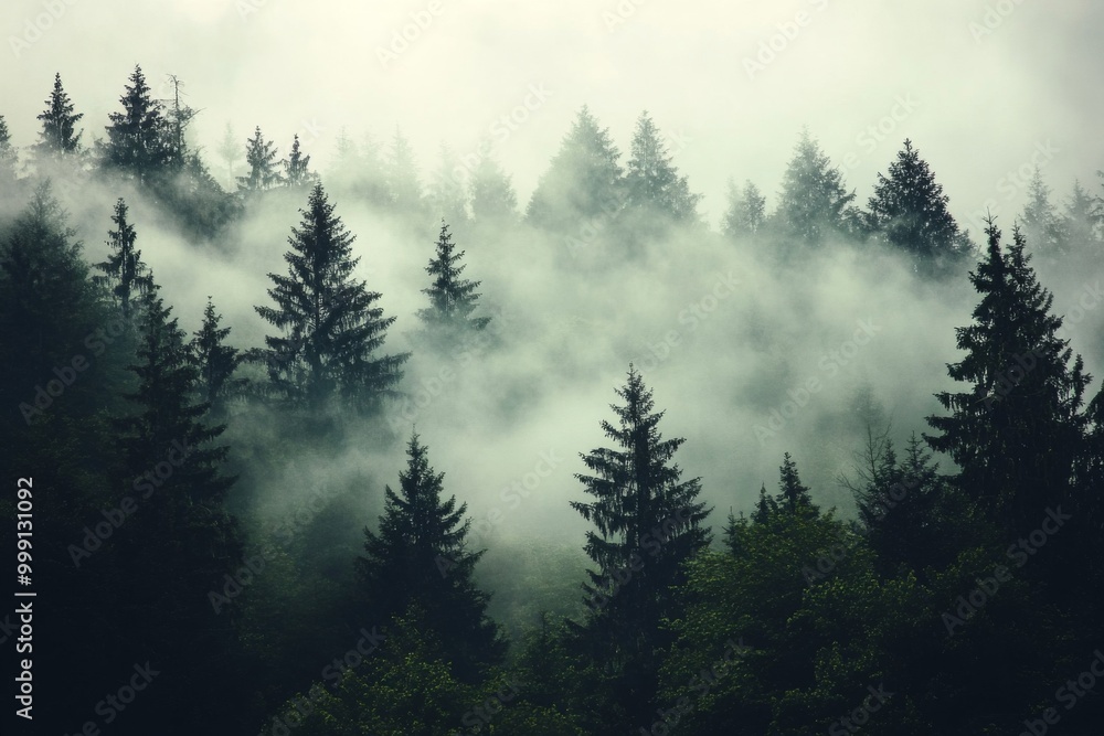 Dense forest shrouded in mist, showcasing silhouettes of pine trees contrasting against soft gray clouds, creating an ethereal and mysterious atmosphere. Dense forest shrouded in mist, showcasing silhouettes of pine trees contrasting against soft gray clouds, creating an ethereal and mysterious atmosphere.