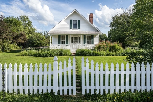 White picket fence with a gate leading to a house. A perfect photo for showcasing a peaceful home setting.