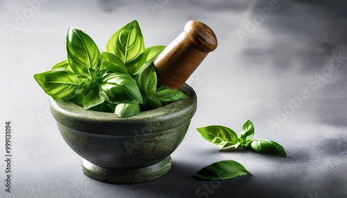 Fresh basil in a mortar