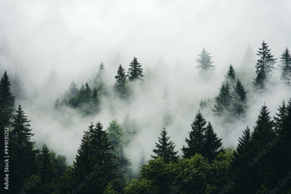Dense forest shrouded in mist, showcasing silhouettes of pine trees contrasting against soft gray clouds, creating an ethereal and mysterious atmosphere. Dense forest shrouded in mist, showcasing silhouettes of pine trees contrasting against soft gray clouds, creating an ethereal and mysterious atmosphere.