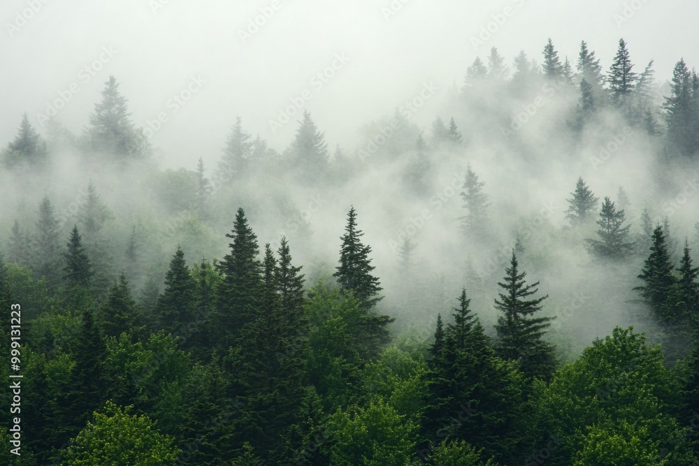 Obraz premium Dense forest shrouded in mist, showcasing silhouettes of pine trees contrasting against soft gray clouds, creating an ethereal and mysterious atmosphere.